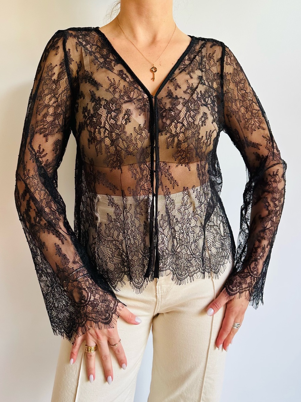 LOFT Black Sheer Lace Blouse Long Bell Sleeve Hook Front Romantic Blouse Top